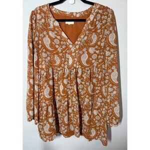Mellowday Womens Rust Paisley Babydoll Tunic Top Long Sleeve Boho Size Large